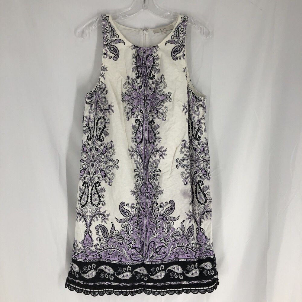 LOFT Shift Dress Purple White Paisley Sleeveless Size 8